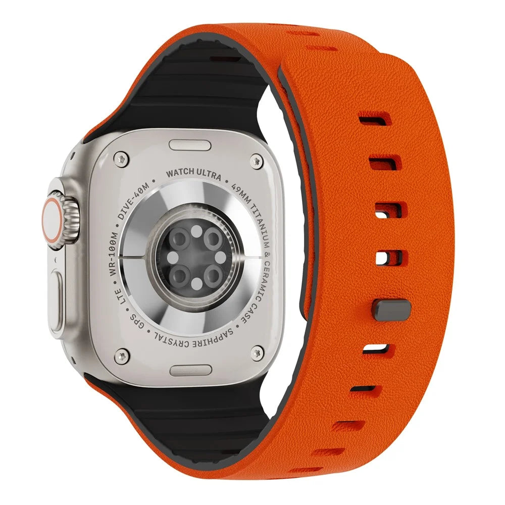 Replacement Wristband for Apple Watch Ultra 3 2 1 49mm / Series 11 10 46mm / 9 8 7 45mm / SE3 SE2 SE 6 5 4 44mm / 3 2 1 42mm Textured Silicone Magnetic Strap - Orange+Black - 1