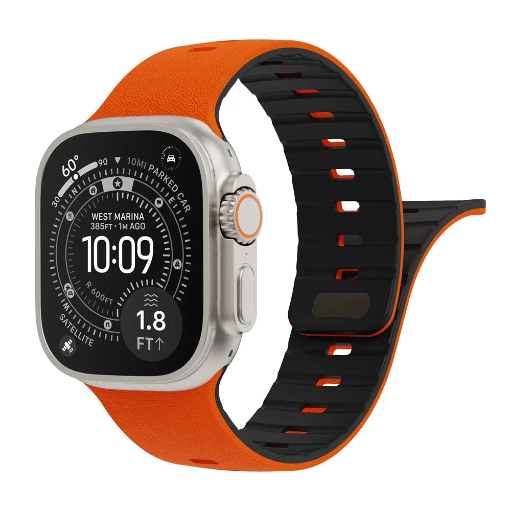 Replacement Wristband for Apple Watch Ultra 3 2 1 49mm / Series 11 10 46mm / 9 8 7 45mm / SE3 SE2 SE 6 5 4 44mm / 3 2 1 42mm Textured Silicone Magnetic Strap - Orange+Black - 4