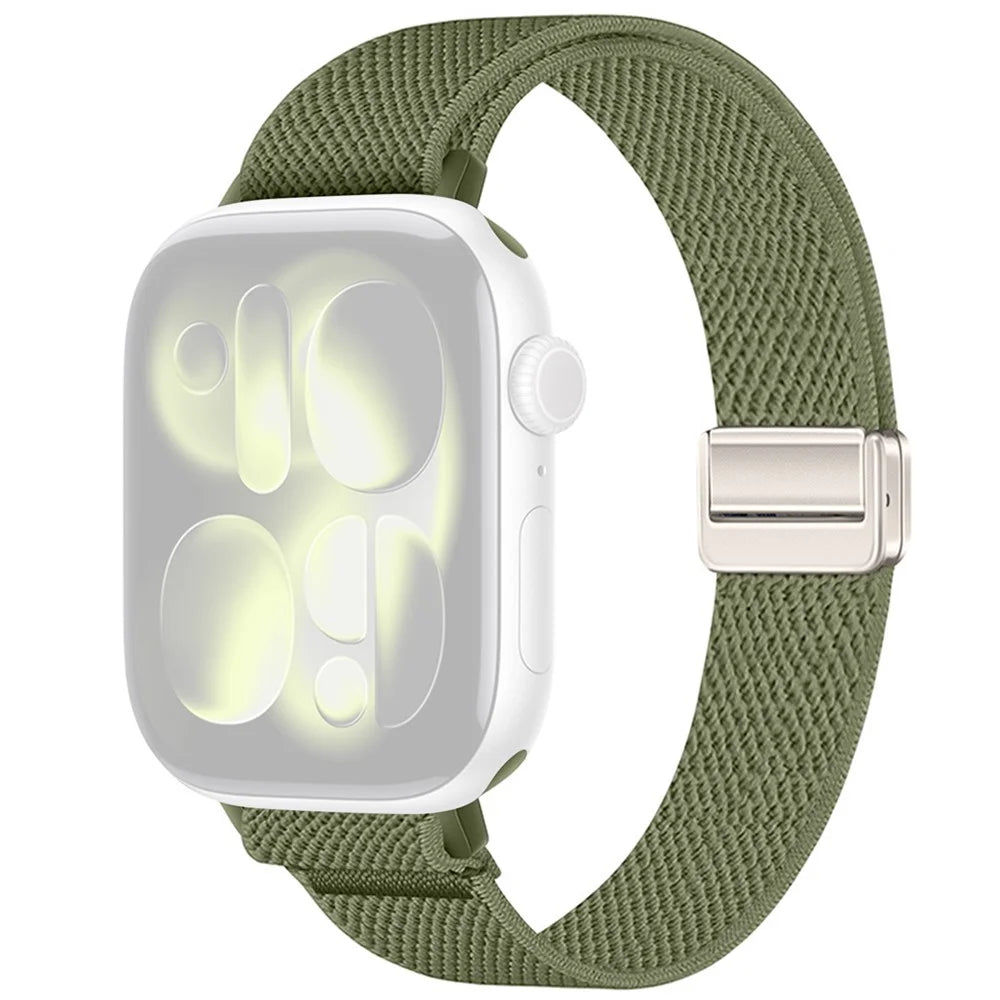 Woven Nylon Band for Apple Watch Ultra 3 2 1 49mm / Series 11 10 46mm / 9 8 7 45mm / SE3 SE2 SE 6 5 4 44mm / 3 2 1 42mm Magnetic Slim Elastic Strap - Olive Green - 1