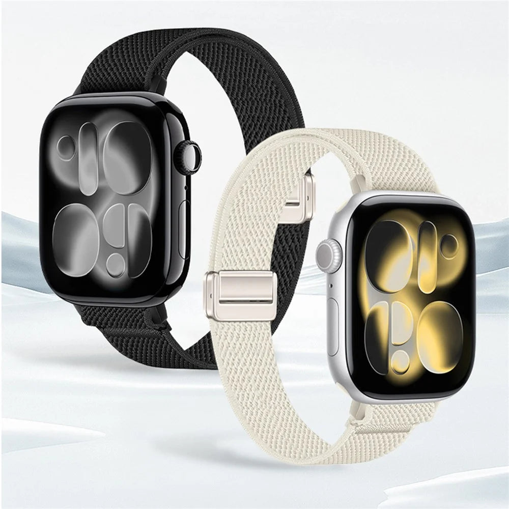 Woven Nylon Band for Apple Watch Ultra 3 2 1 49mm / Series 11 10 46mm / 9 8 7 45mm / SE3 SE2 SE 6 5 4 44mm / 3 2 1 42mm Magnetic Slim Elastic Strap - Olive Green - 3