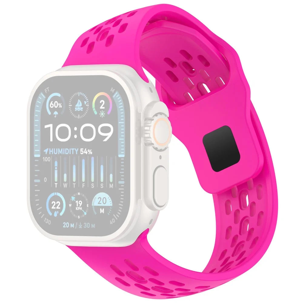 Silicone Watch Band for Apple Watch Series 11 10 42mm / 9 8 7 41mm / SE3 SE2 SE 6 5 4 40mm / 3 2 1 38mm Slant Cut Breathable Mesh Strap - Hot Pink - 1