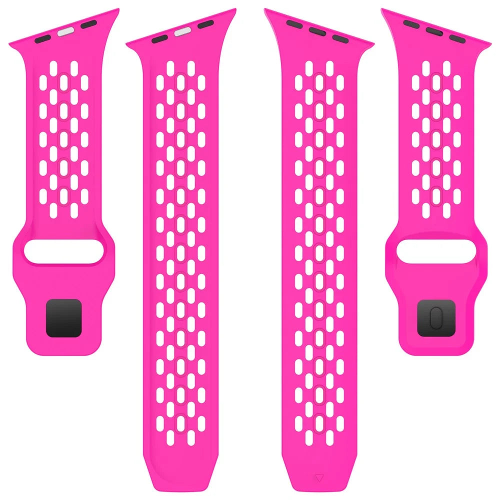 Silicone Watch Band for Apple Watch Series 11 10 42mm / 9 8 7 41mm / SE3 SE2 SE 6 5 4 40mm / 3 2 1 38mm Slant Cut Breathable Mesh Strap - Hot Pink - 3