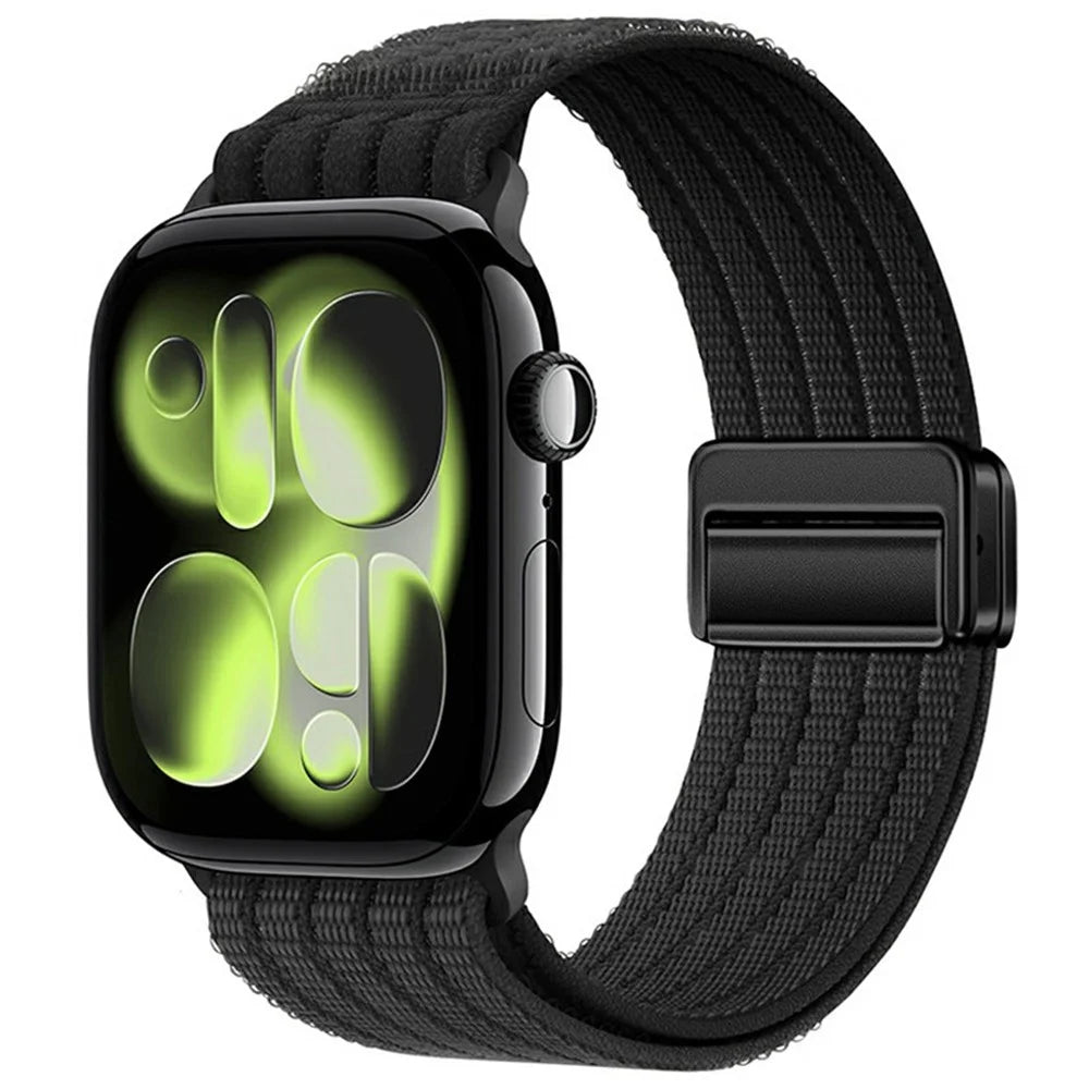 Nylon Watch Strap for Apple Watch Ultra 3 2 1 49mm / Series 11 10 46mm / 9 8 7 45mm / SE3 SE2 SE 6 5 4 44mm / 3 2 1 42mm Magnetic Clasp Five Ring Band - Black - 2