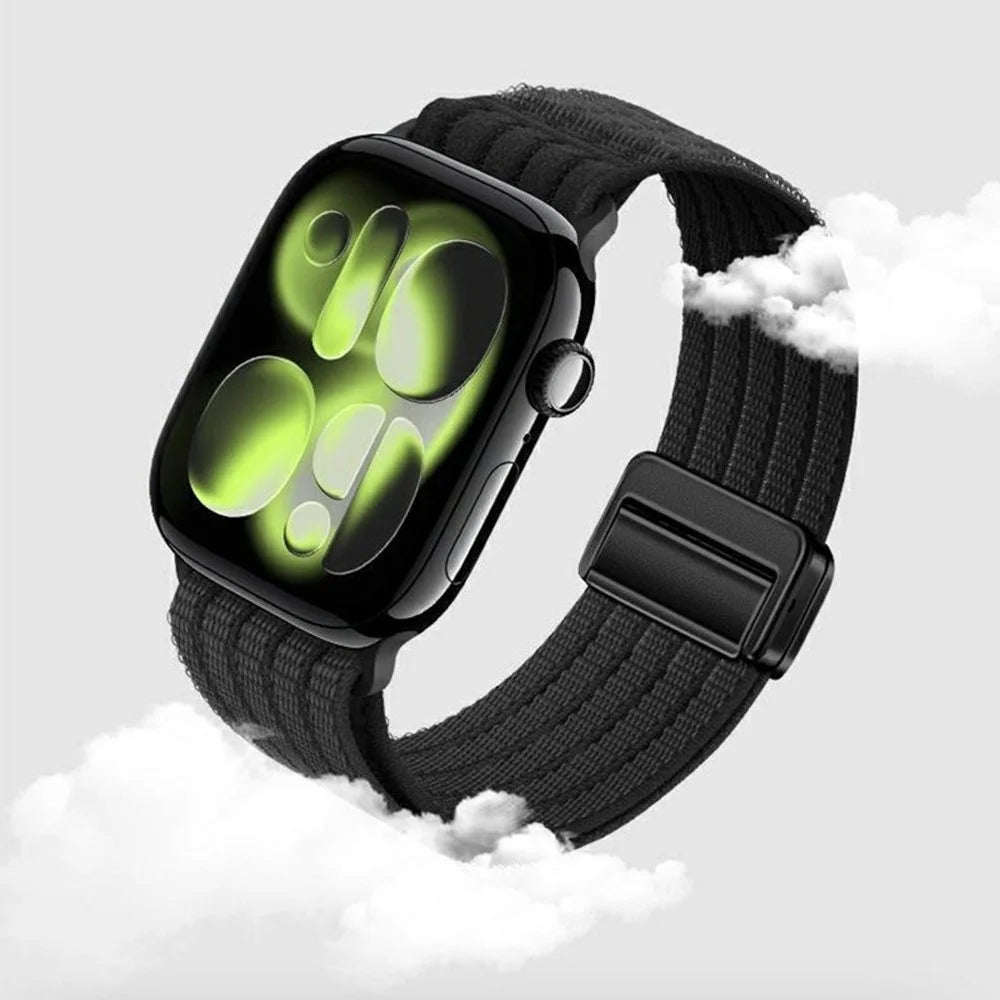 Nylon Watch Strap for Apple Watch Ultra 3 2 1 49mm / Series 11 10 46mm / 9 8 7 45mm / SE3 SE2 SE 6 5 4 44mm / 3 2 1 42mm Magnetic Clasp Five Ring Band - Black - 7