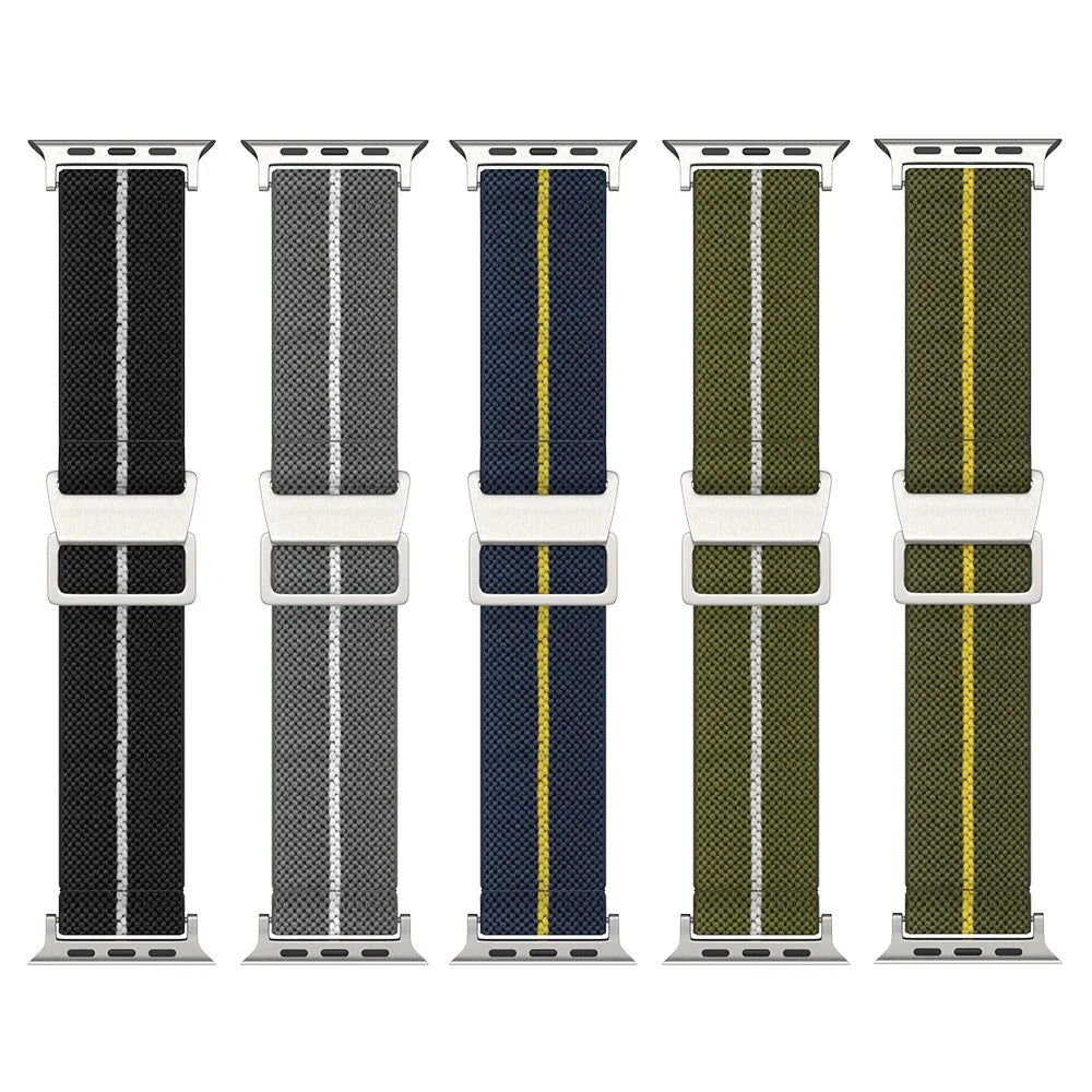 Nylon Watch Strap for Apple Watch Ultra 3 2 1 49mm / Series 11 10 46mm / 9 8 7 45mm / SE3 SE2 SE 6 5 4 44mm / 3 2 1 42mm Interlocking Buckle Striped Band - Black / White - 4