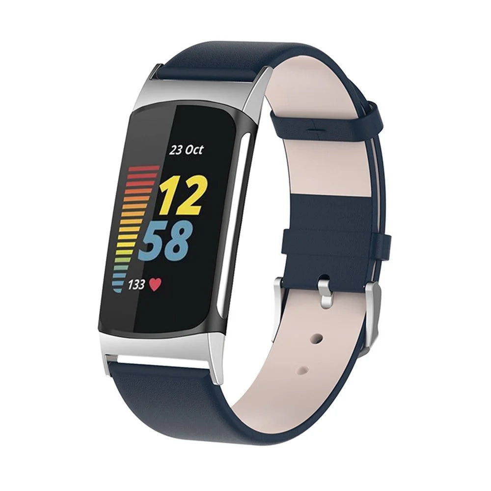Quick Release Genuine Leather Smart Watch Band Wrist Strap for Fitbit Charge 5 - Dark Blue - 2