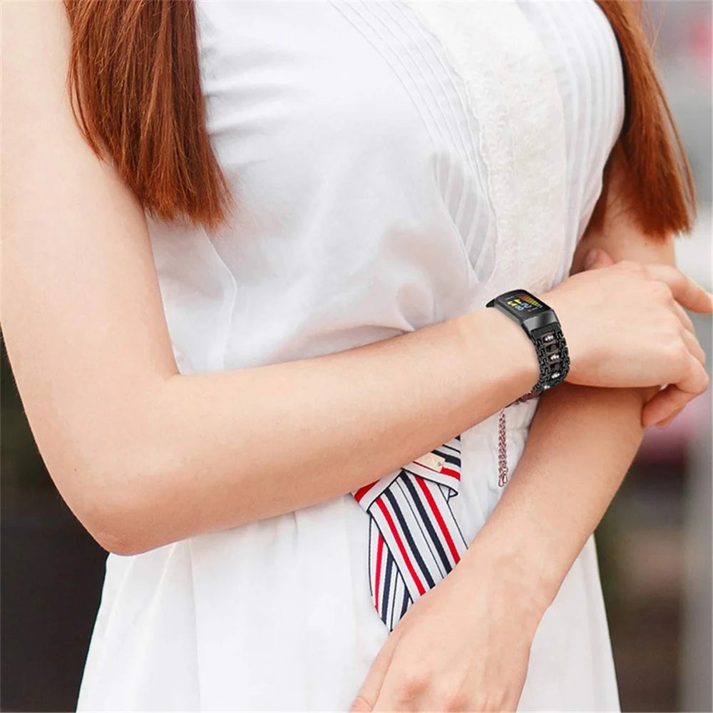 Metal Watch Band with Rhinestone Decor Replacement Strap for Fitbit Charge 6 / 5 - Black - 5