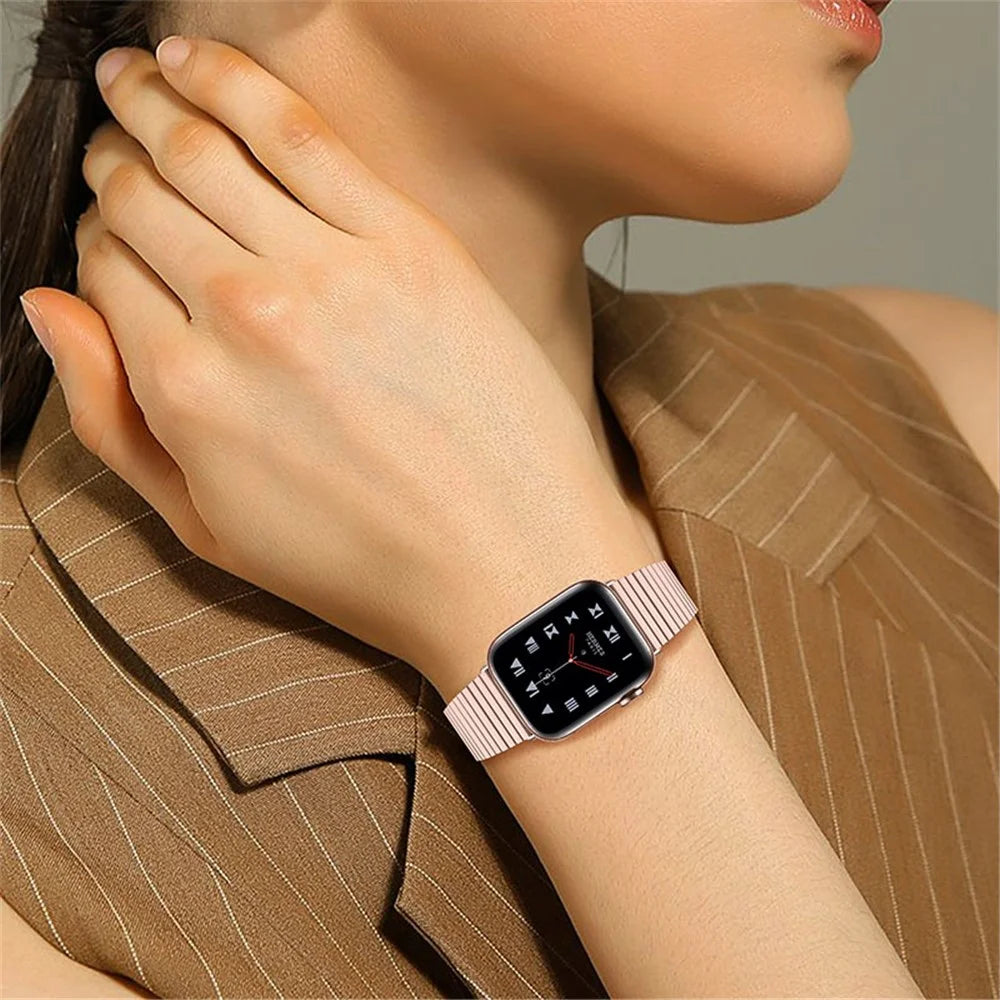 Side Textured Stainless Steel Watch Band iWatch Double Buckle Strap for Apple Watch Series 11 10 42mm / 9 8 7 41mm / SE3 SE2 SE 6 5 4 40mm / 3 2 1 38mm - Pink Gold - 6