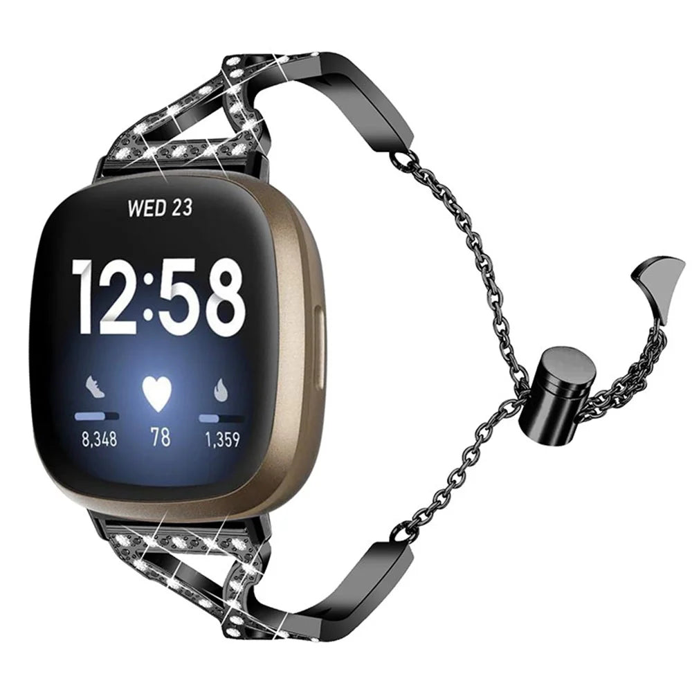Hollow Out Rhinestone Decor 304 Stainless Steel Smart Watch Strap Women Slide Bracelet Wristband for Fitbit Versa 3/Fitbit Sense - Black - 2
