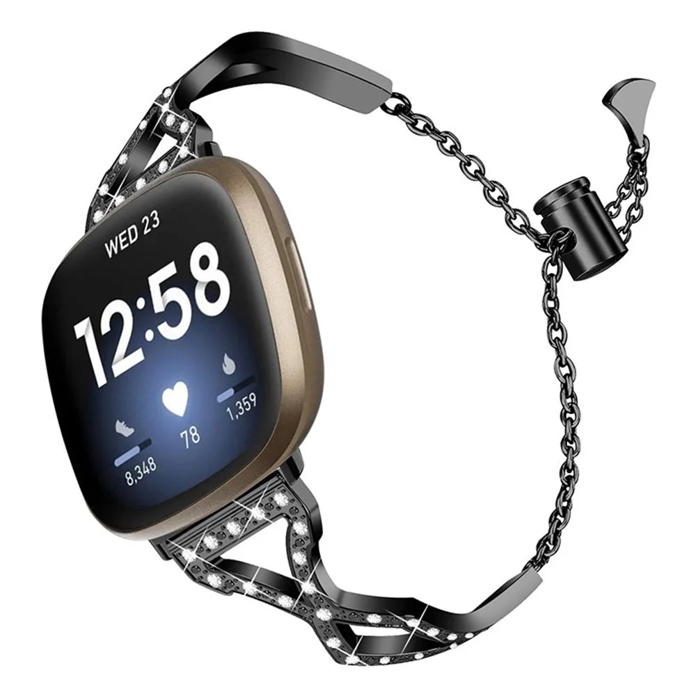 Hollow Out Rhinestone Decor 304 Stainless Steel Smart Watch Strap Women Slide Bracelet Wristband for Fitbit Versa 3/Fitbit Sense - Black - 3