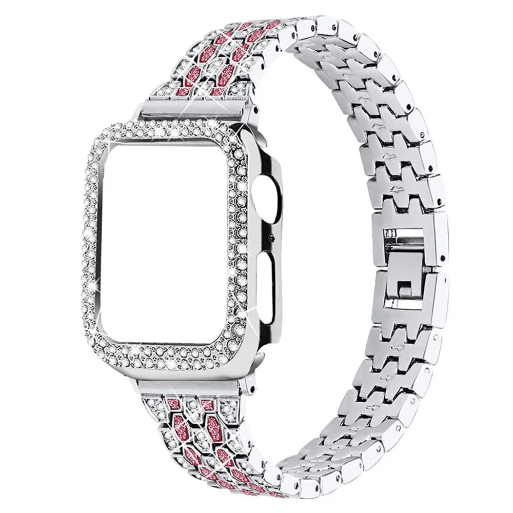 Luxury 3 Rows Rhinestone Decor 5 Beads Stainless Steel iWatch Watchband + PC Watch Case Protective Cover for Apple Watch Series 6 / 5 / 4 / SE 44mm / SE (2022) 44mm - Silver / Rose / Silver - 1