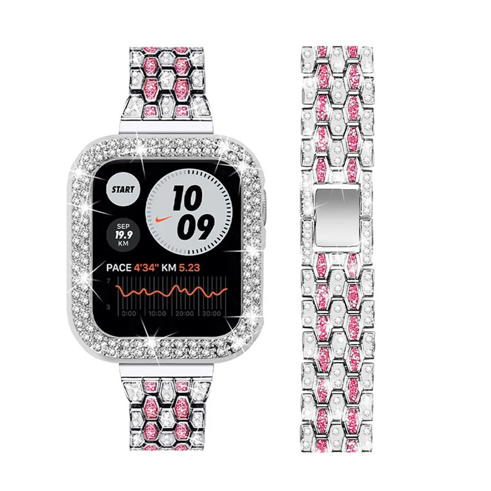 Luxury 3 Rows Rhinestone Decor 5 Beads Stainless Steel iWatch Watchband + PC Watch Case Protective Cover for Apple Watch Series 6 / 5 / 4 / SE 44mm / SE (2022) 44mm - Silver / Rose / Silver - 2