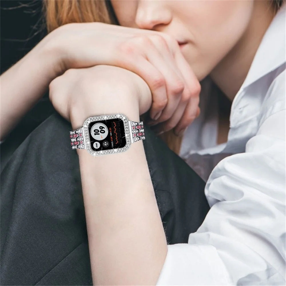 Luxury 3 Rows Rhinestone Decor 5 Beads Stainless Steel iWatch Watchband + PC Watch Case Protective Cover for Apple Watch Series 6 / 5 / 4 / SE 44mm / SE (2022) 44mm - Silver / Rose / Silver - 4