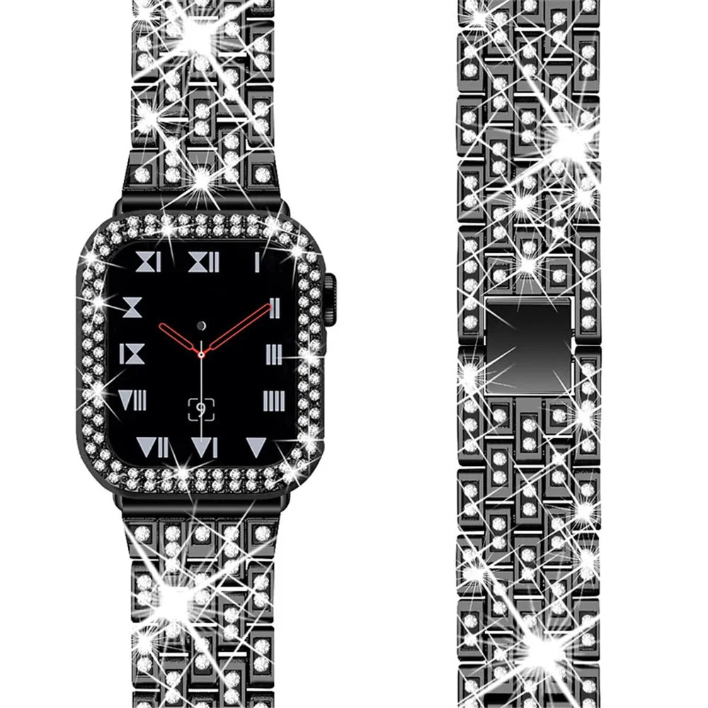 iWatch Rhinestone Decor Stainless Steel 5 Beads Watch Strap + PC Watch Case Protective Cover for Apple Watch Series 7 41mm - Black - 3
