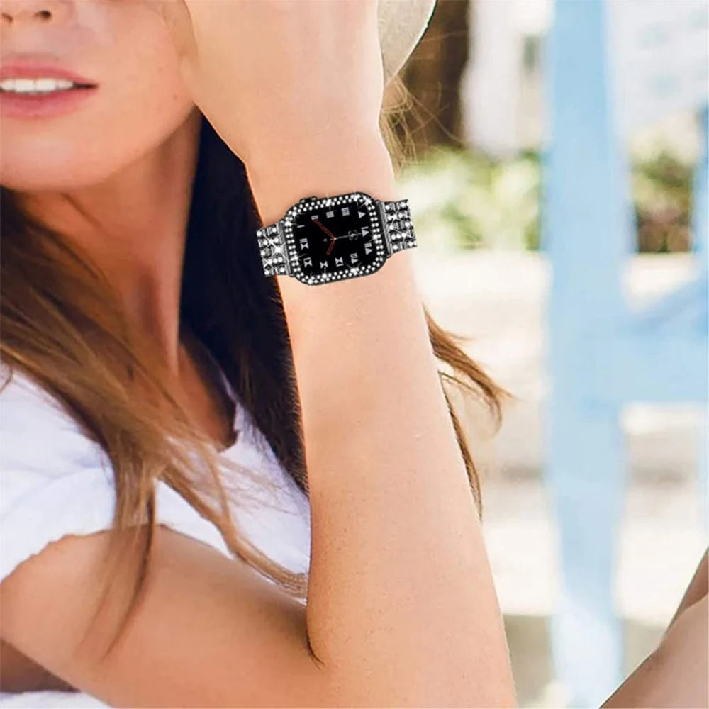 iWatch Rhinestone Decor Stainless Steel 5 Beads Watch Strap + PC Watch Case Protective Cover for Apple Watch Series 7 41mm - Black - 5