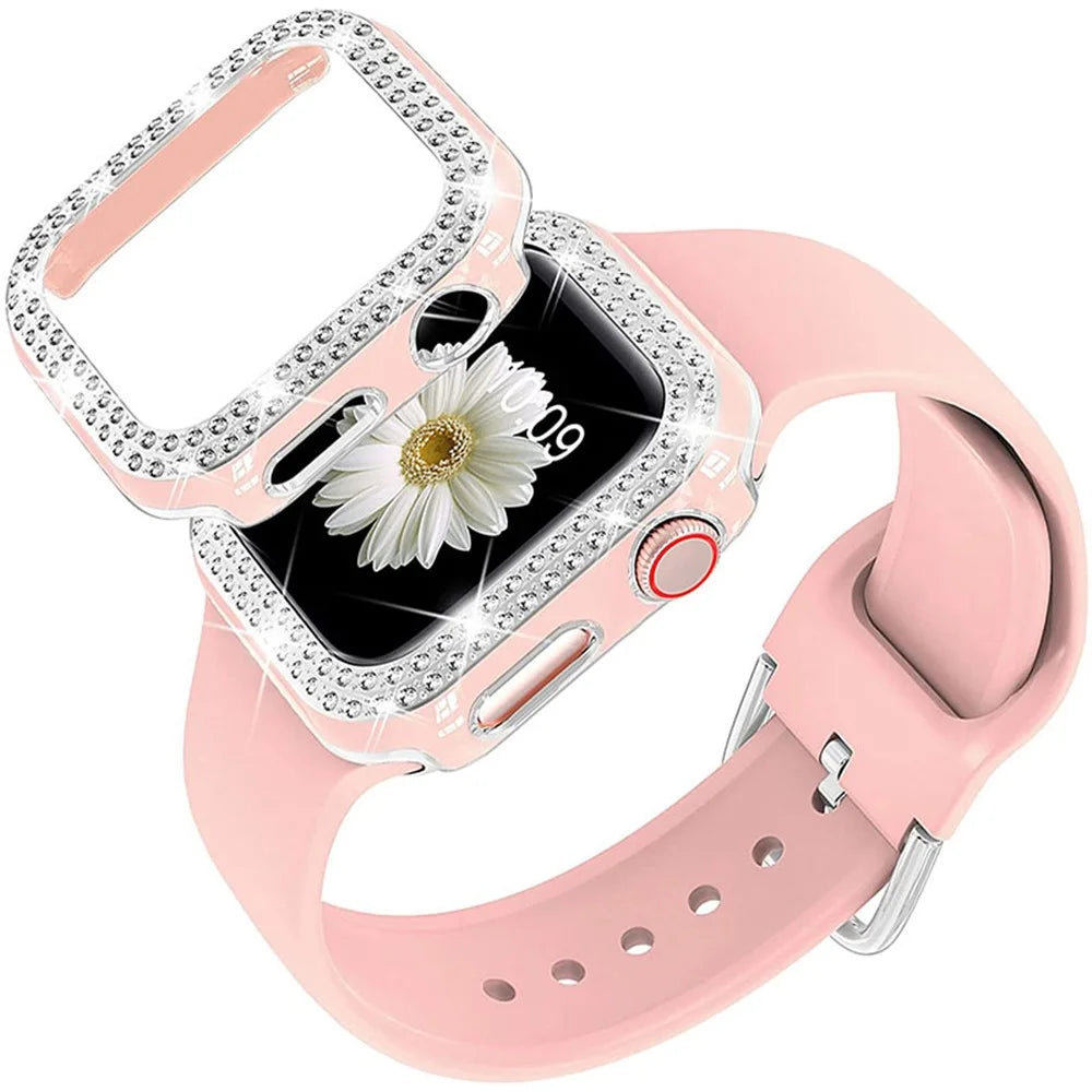 Soft Silicone Smart Watch Strap Replacement with Rhinestone Decor Watch Frame Cover for Apple Watch Series 4 / 5 / 6 / SE 44mm / SE (2022) 44mm - Pink - 1