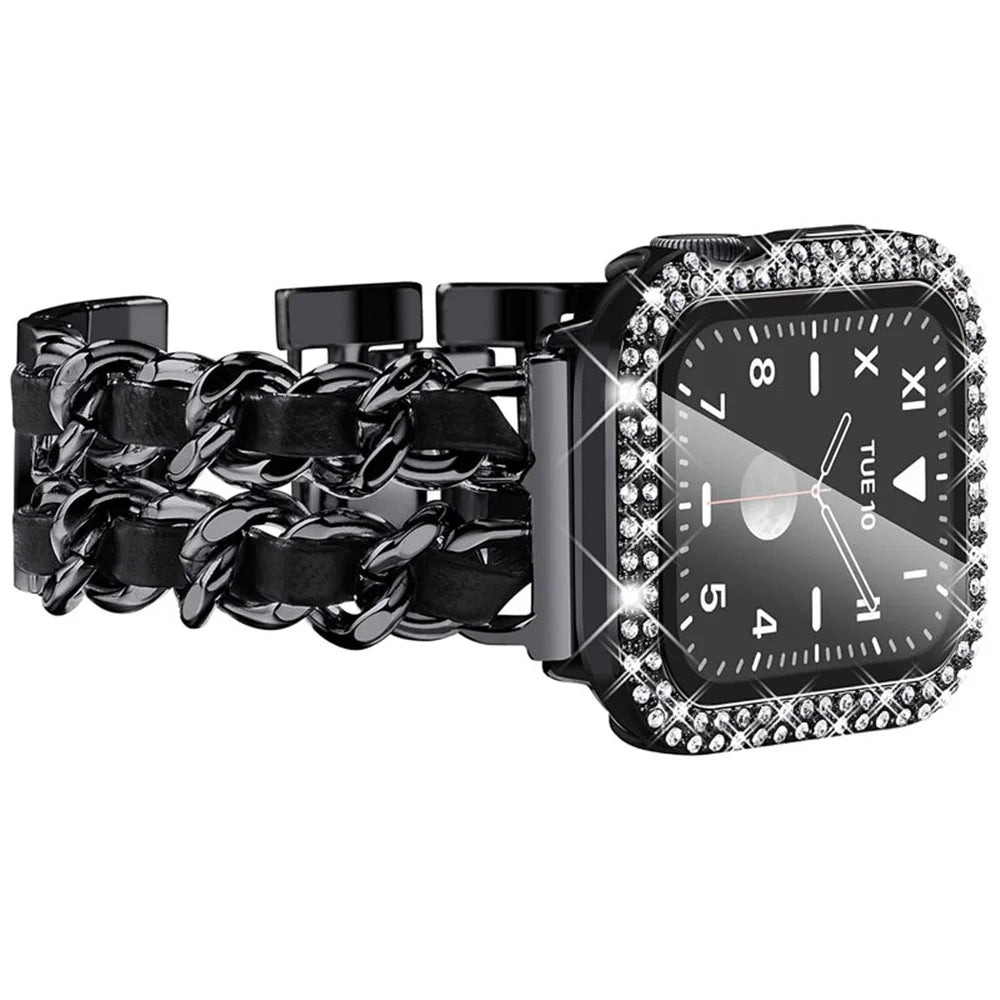 PU Leather + Stainless Steel Watch Strap + Double Row Rhinestone Protective Watch Case Cover for Apple Watch Series 1/2/3 42mm - Black/Black Leather - 2