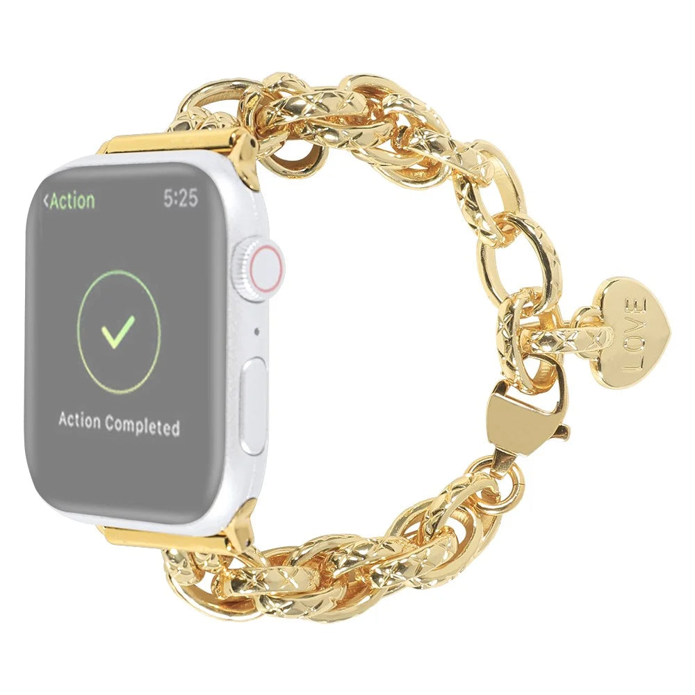 For Apple Watch Series 11 10 42mm / 9 8 7 41mm / SE3 SE2 SE 6 5 4 40mm / 3 2 1 38mm Stainless Steel Watch Strap Replacement Bracelet with Pendant - Gold - 1