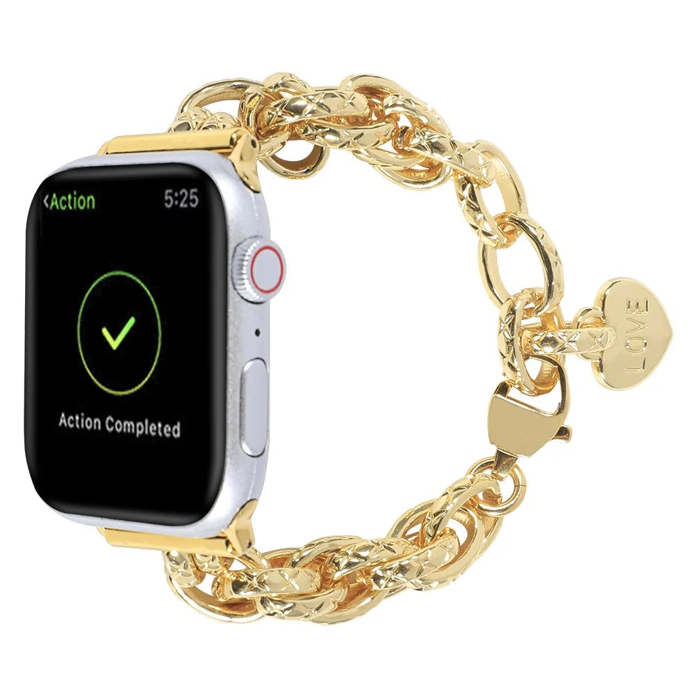 For Apple Watch Series 11 10 42mm / 9 8 7 41mm / SE3 SE2 SE 6 5 4 40mm / 3 2 1 38mm Stainless Steel Watch Strap Replacement Bracelet with Pendant - Gold - 2