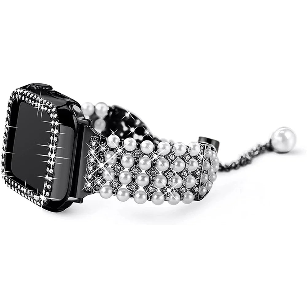 For Apple Watch SE 44mm / SE (2022) 44mm / Series 6 / 5 / 4 44mm Pearl Rhinestone Decor Metal Adjustable Bracelet Watch Band + Hollow Out PC Watch Case - Black - 2