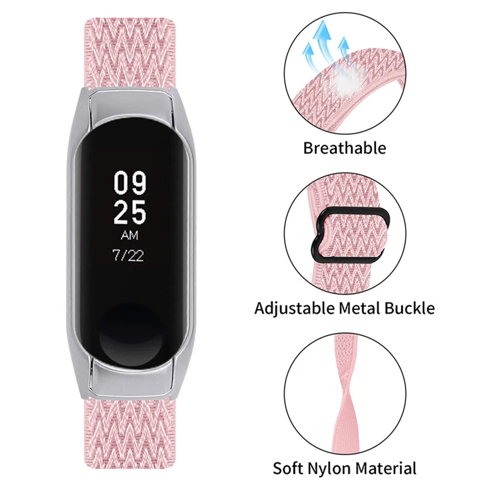 For Xiaomi Mi Band 5/6 Sport Elastics Nylon Watch Band Adjustable Woven Loop Wristband Replacement Bracelet Accessories - Pink - 3