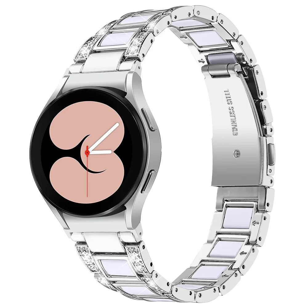 For Samsung Galaxy Watch4 Active 40mm/44mm/Watch4 Classic 42mm/46mm Shiny Rhinestone Watch Strap Stainless Steel Resin Wrist Band Replacement - Silver/White - 1