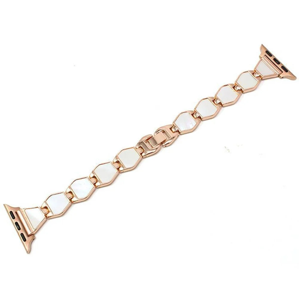 For Apple Watch Series 11 10 42mm / 9 8 7 41mm / SE3 SE2 SE 6 5 4 40mm / 3 2 1 38mm Shell Style Metal Smart Watch Strap Replacement Wristband Bracelet - Rose Gold / White - 1