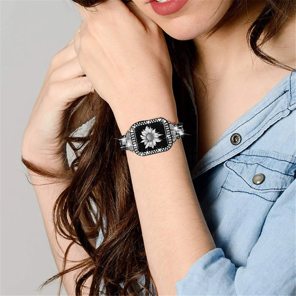 For Apple Watch SE / SE(2022) / Series 4 / 5 / 6 40mm 5 Rows Stainless Steel Rhinestone Decor Watch Band with Anti-scratch Hard PC Watch Case - Black - 4