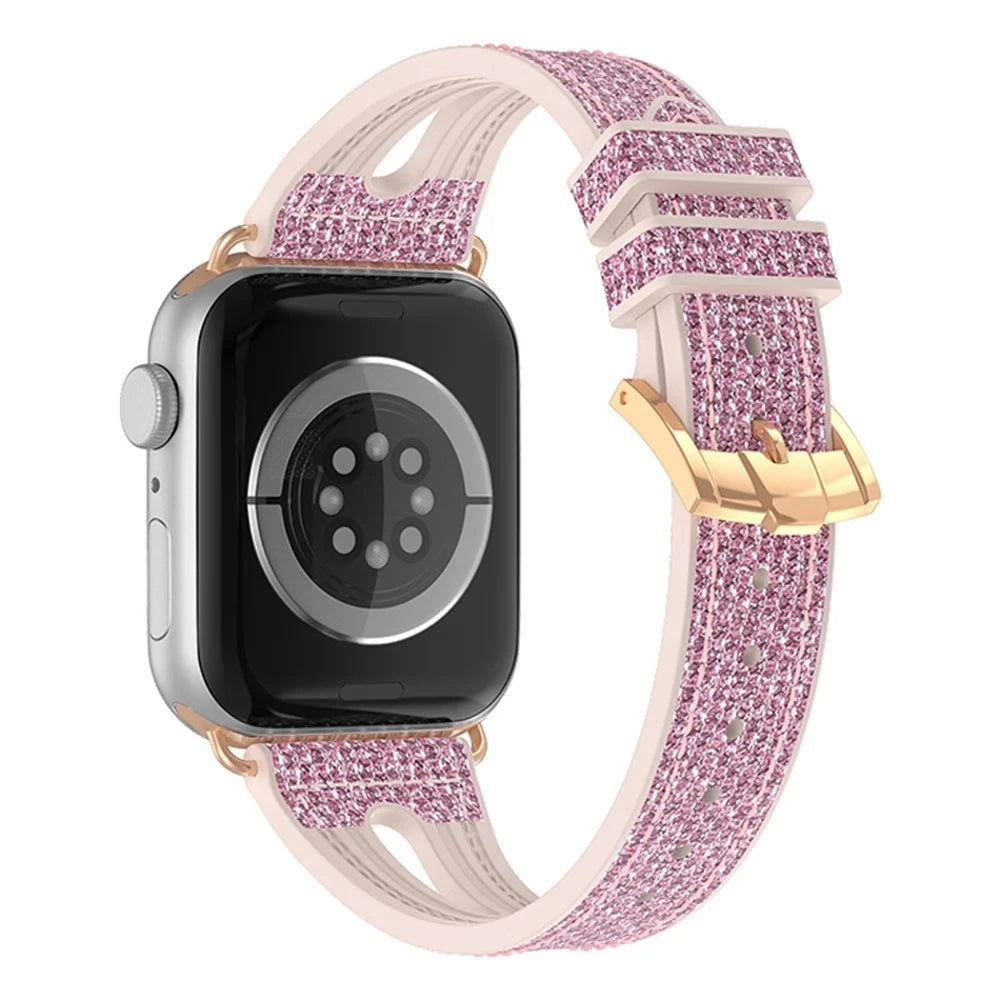 For Apple Watch Ultra 3 2 1 49mm / Series 11 10 46mm / 9 8 7 45mm / SE3 SE2 SE 6 5 4 44mm / 3 2 1 42mm Silicone + Glitter Leather Watch Strap Adjustable Wristband - Pink - 1