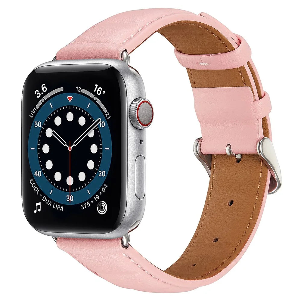 For Apple Watch Series 11 10 42mm / 9 8 7 41mm / SE3 SE2 SE 6 5 4 40mm / 3 2 1 38mm Square Imprinted Texture Genuine Leather Replacement Strap Wrist Band - Pink - 2