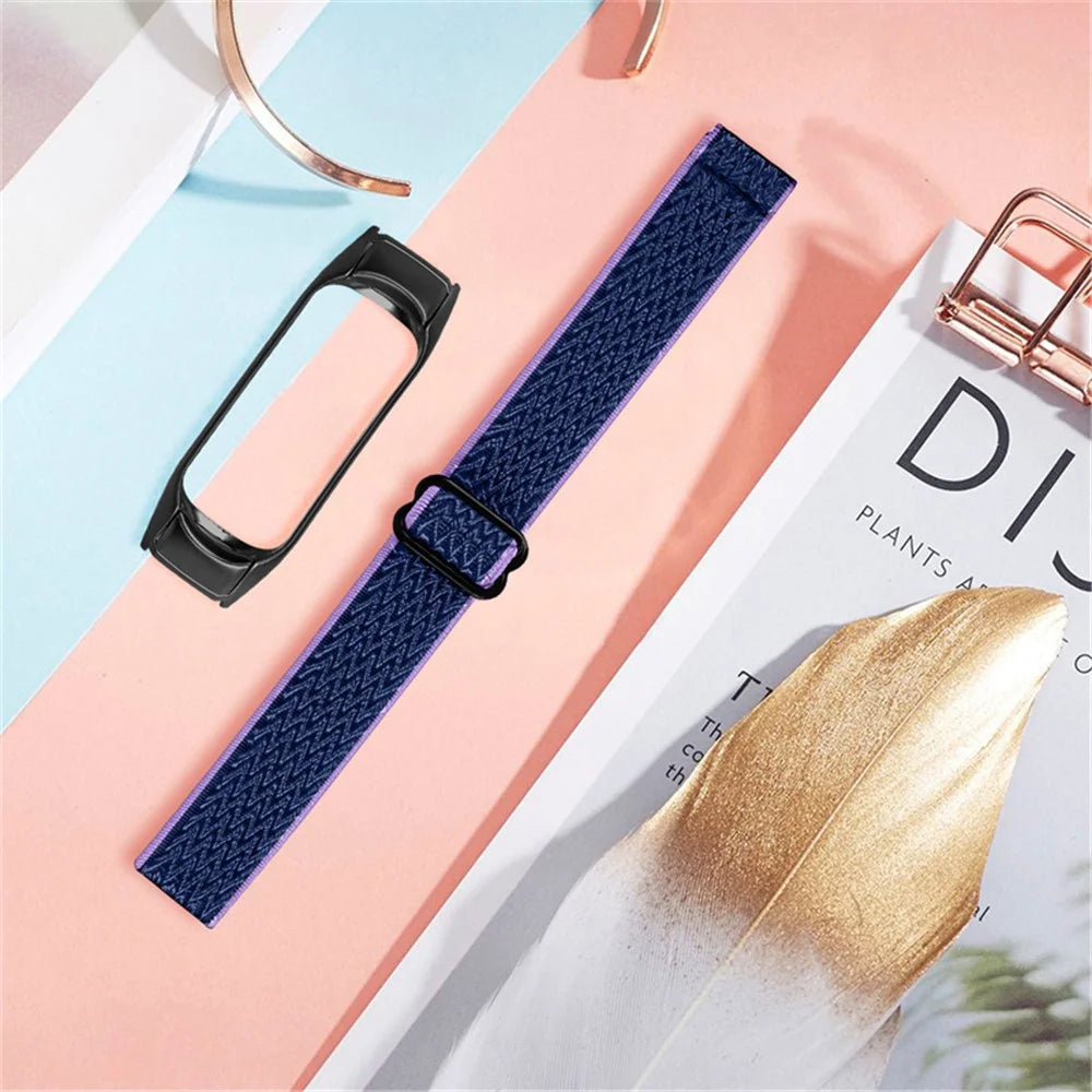 For Xiaomi Mi Band 5 / 6 Stretchy Nylon Solo Loop Band Braided Elastics Anti-wear Adjustable Wrist Strap with Black Watch Frame - Purple Blue - 4