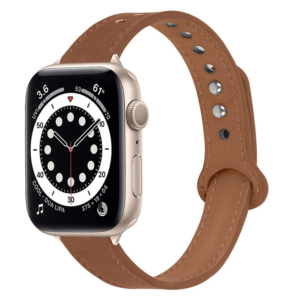For Apple Watch Series 11 10 42mm / 9 8 7 41mm / SE3 SE2 SE 6 5 4 40mm / 3 2 1 38mm Genuine Cowhide Leather Watch Band Double Snap Button Watch Strap (Retro Gold Connector) - Brown - 1