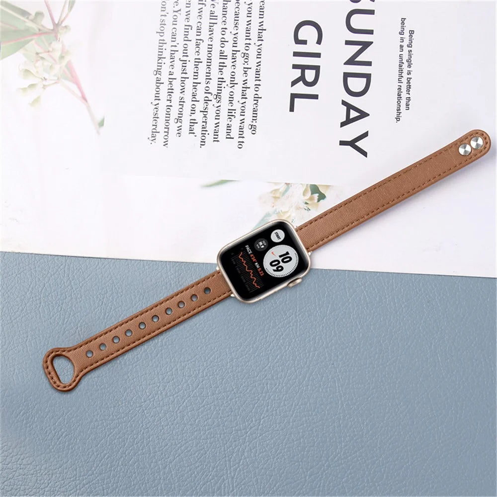 For Apple Watch Series 11 10 42mm / 9 8 7 41mm / SE3 SE2 SE 6 5 4 40mm / 3 2 1 38mm Genuine Cowhide Leather Watch Band Double Snap Button Watch Strap (Retro Gold Connector) - Brown - 4