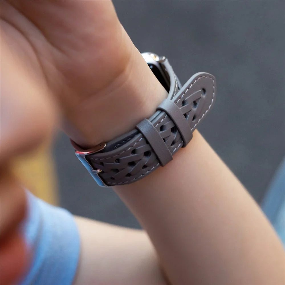 For Apple Watch Series 11 10 42mm / 9 8 7 41mm / SE3 SE2 SE 6 5 4 40mm / 3 2 1 38mm V-Shaped Woven Watch Strap Genuine Leather Wrist Band - Grey - 3