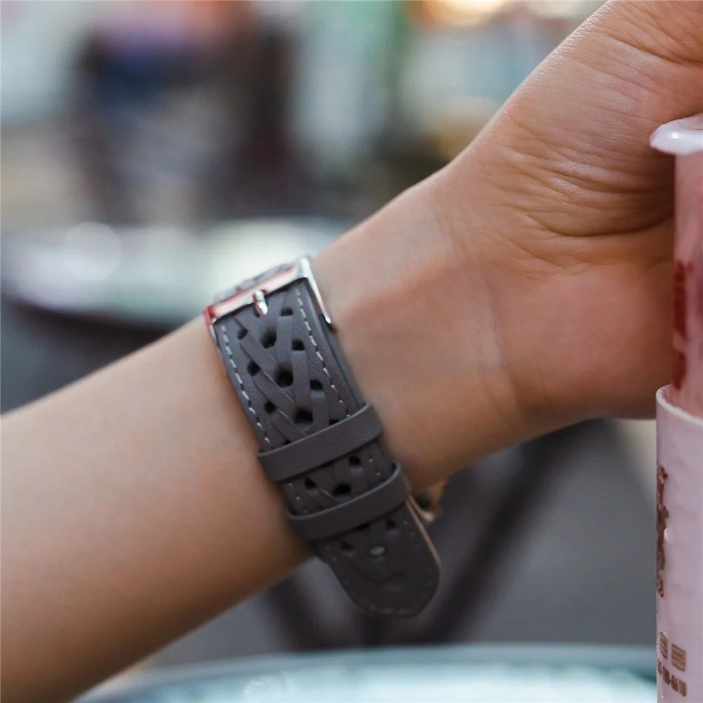 For Apple Watch Series 11 10 42mm / 9 8 7 41mm / SE3 SE2 SE 6 5 4 40mm / 3 2 1 38mm V-Shaped Woven Watch Strap Genuine Leather Wrist Band - Grey - 5
