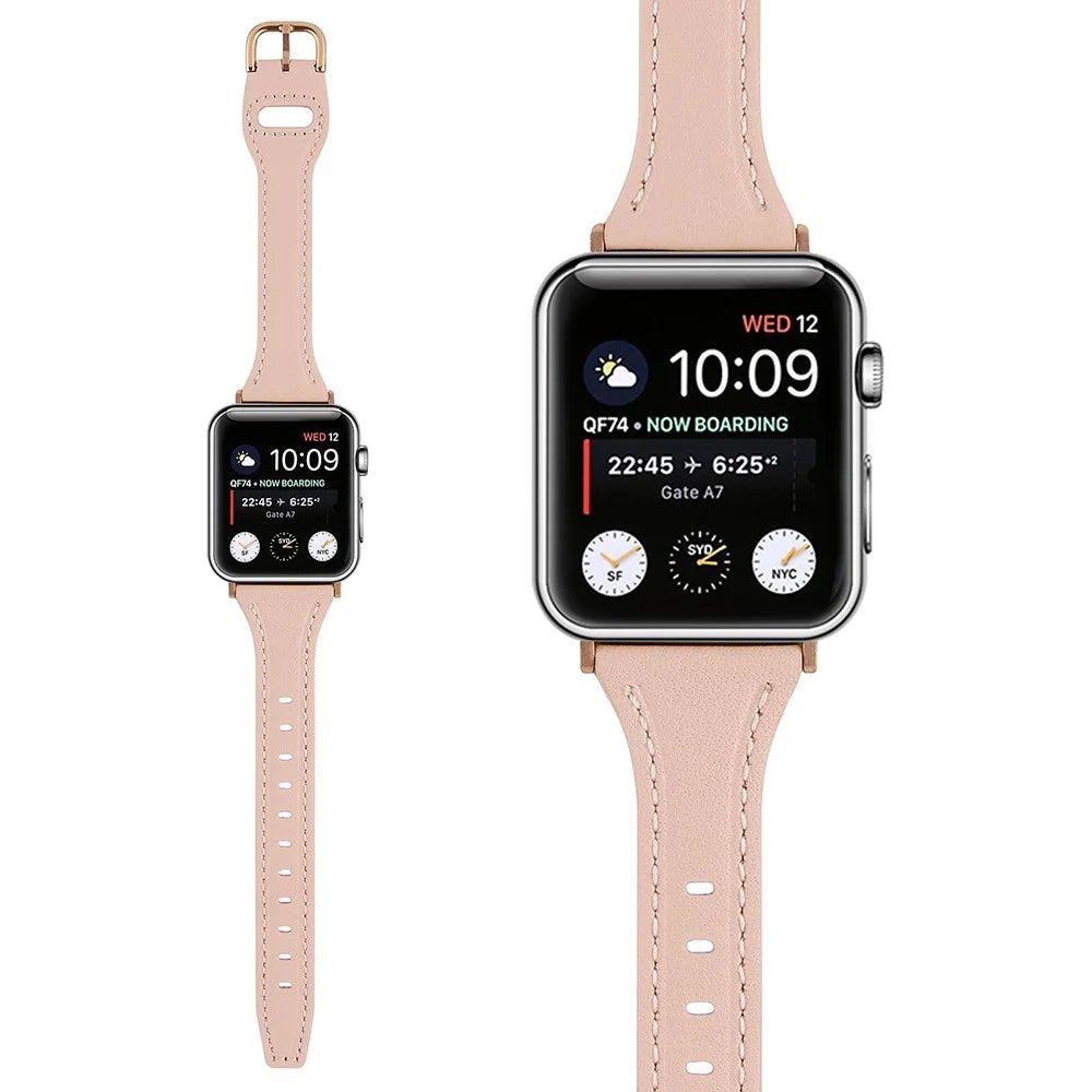 For Apple Watch Ultra 3 2 1 49mm / Series 11 10 46mm / 9 8 7 45mm / SE3 SE2 SE 6 5 4 44mm / 3 2 1 42mm T-Shaped Genuine Leather Watch Band Adjustable Wrist Strap - Pink - 4