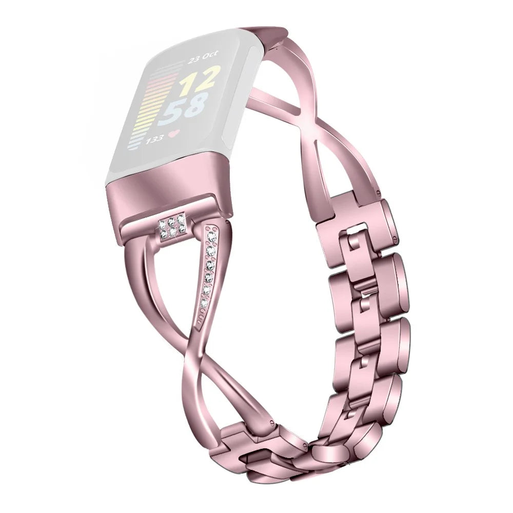 For Fitbit Charge 3 / 4 Universal Watch Strap Metal Watch Band with Decoration for Girls - Pink - 1