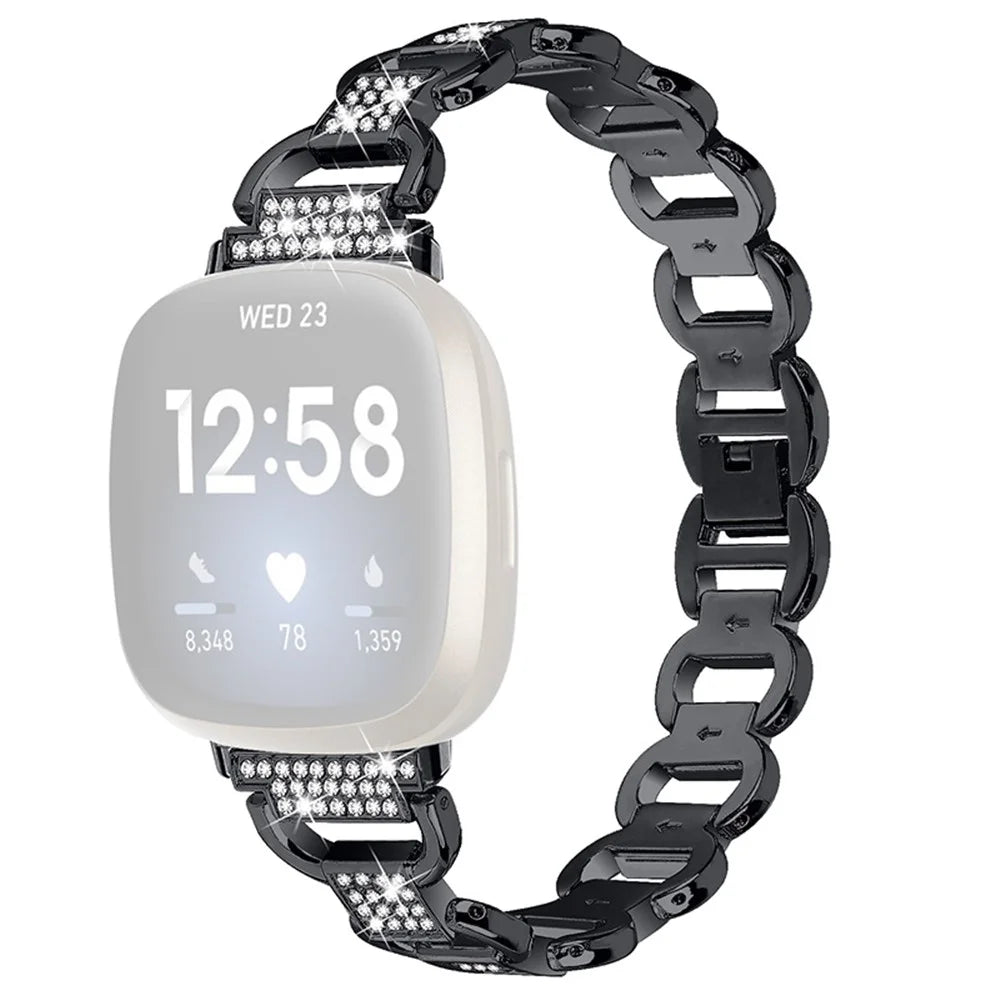 For Fitbit Versa 4 / Sense 2 Quick Release Watch Strap Metal Watchband Rhinestone Decorated Watch Band - Black - 1