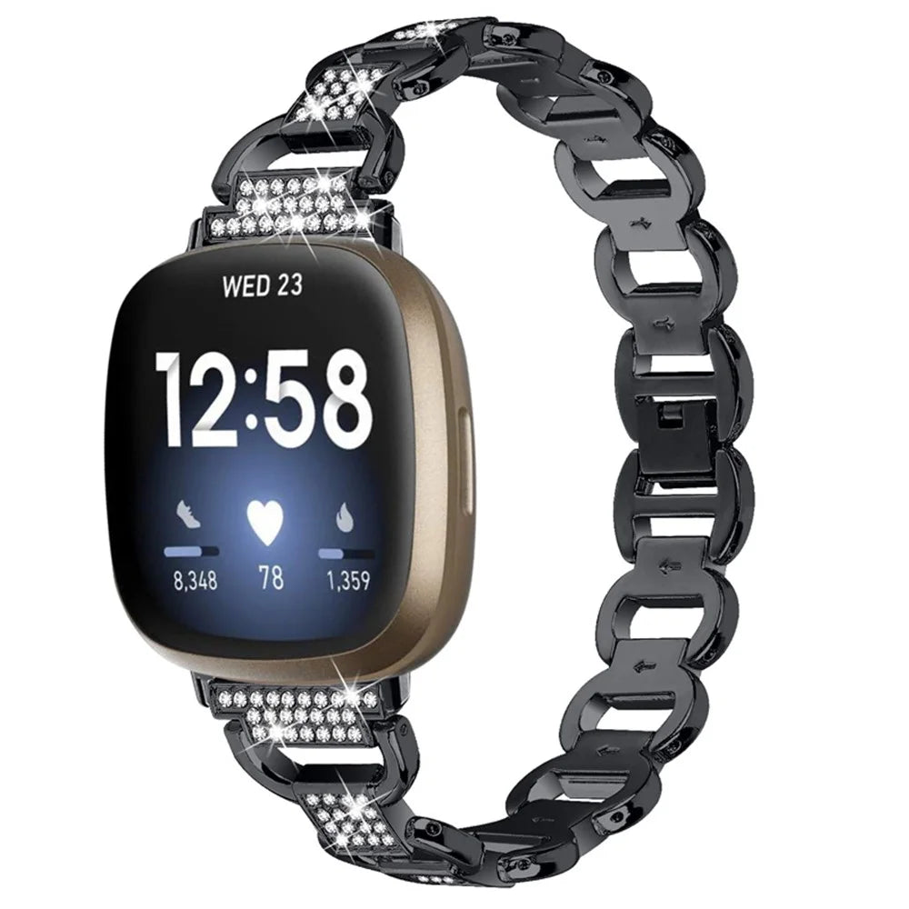 For Fitbit Versa 4 / Sense 2 Quick Release Watch Strap Metal Watchband Rhinestone Decorated Watch Band - Black - 2