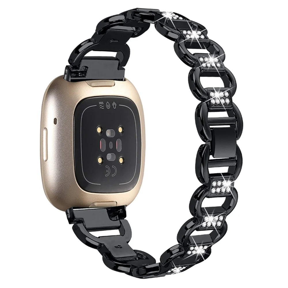 For Fitbit Versa 4 / Sense 2 Quick Release Watch Strap Metal Watchband Rhinestone Decorated Watch Band - Black - 6