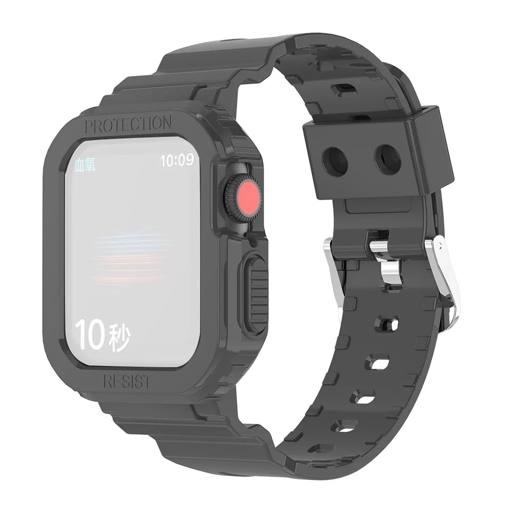 For Apple Watch Series 8 7 45mm / 6 5 4 SE SE (2022) 44mm / 3 2 1 42mm Smart Watch Band TPU Wrist Strap Replacement with Protective Watch Case - Black - 1