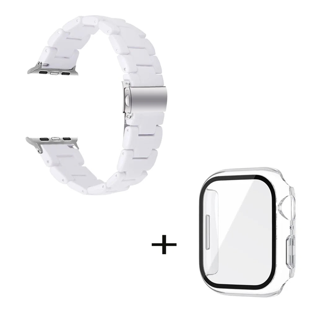 For Apple Watch Series 6 / 5 / 4 / SE / SE (2022) 44mm 3 Beads Resin Watch Band Stainless Steel Folding Clasp Strap with Transparent Watch Case - White - 2