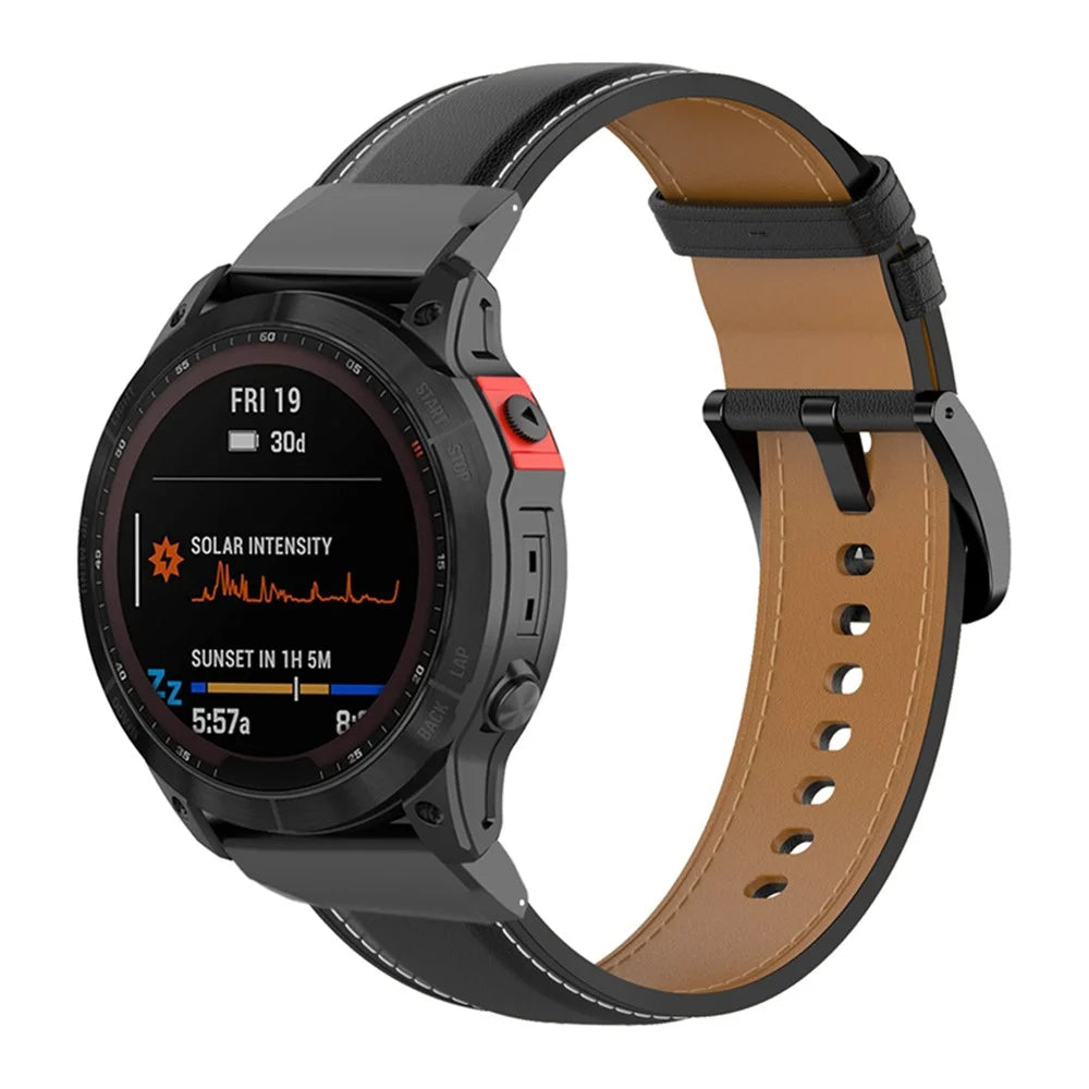 For Garmin Fenix 7 / Instinct 2 / Fenix 5 / Forerunner 935 / Forerunner 945 Watch Strap Genuine Leather Smart Watch Band with Tool - Black - 2