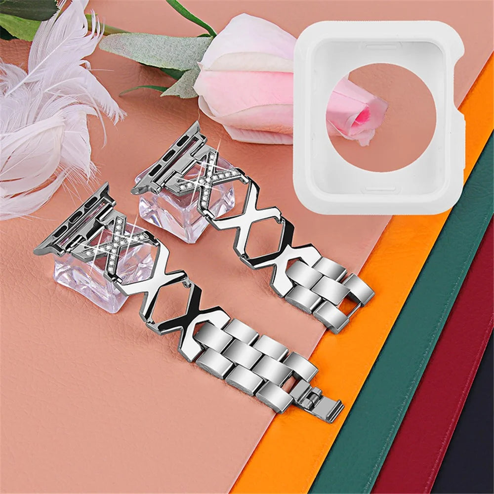 For Apple Watch Series 3 / 2 / 1 42mm X-Shape Rhinestones Decor Hollow Stainless Steel Wrist Strap + White TPU Watch Case - Silver - 2