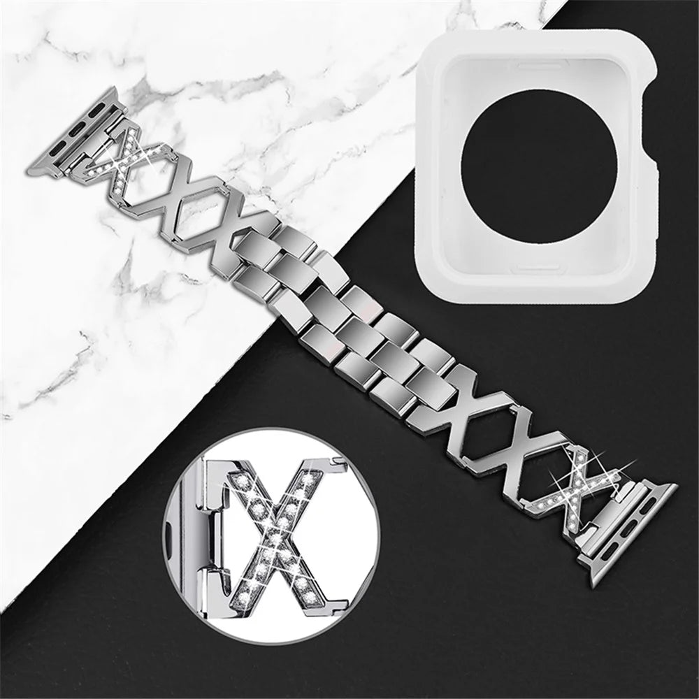 For Apple Watch Series 3 / 2 / 1 42mm X-Shape Rhinestones Decor Hollow Stainless Steel Wrist Strap + White TPU Watch Case - Silver - 3