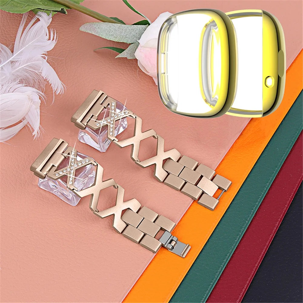 For Fitbit Versa 3 / Sense Watch Band Strap X-shaped Hollow Rhinestone Decor Bracelet Replacement with Gold Full Protection TPU Watch Cover - Gold - 2