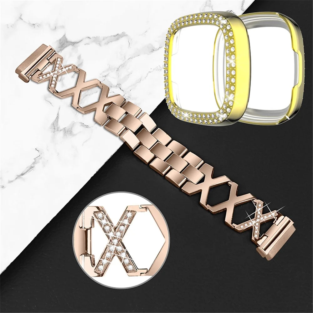 For Fitbit Versa 3 / Sense X-Shape Design Stainless Steel Bracelet Stylish Wrist Band + Two Row Rhinestones Gold Watch Case - Gold - 3