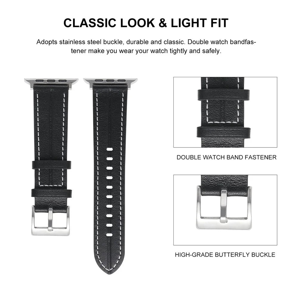 Watch Strap for Apple Watch Series 11 10 42mm / 9 8 7 41mm / SE3 SE2 SE 6 5 4 40mm / 3 2 1 38mm Genuine Leather Watch Band - Black - 4