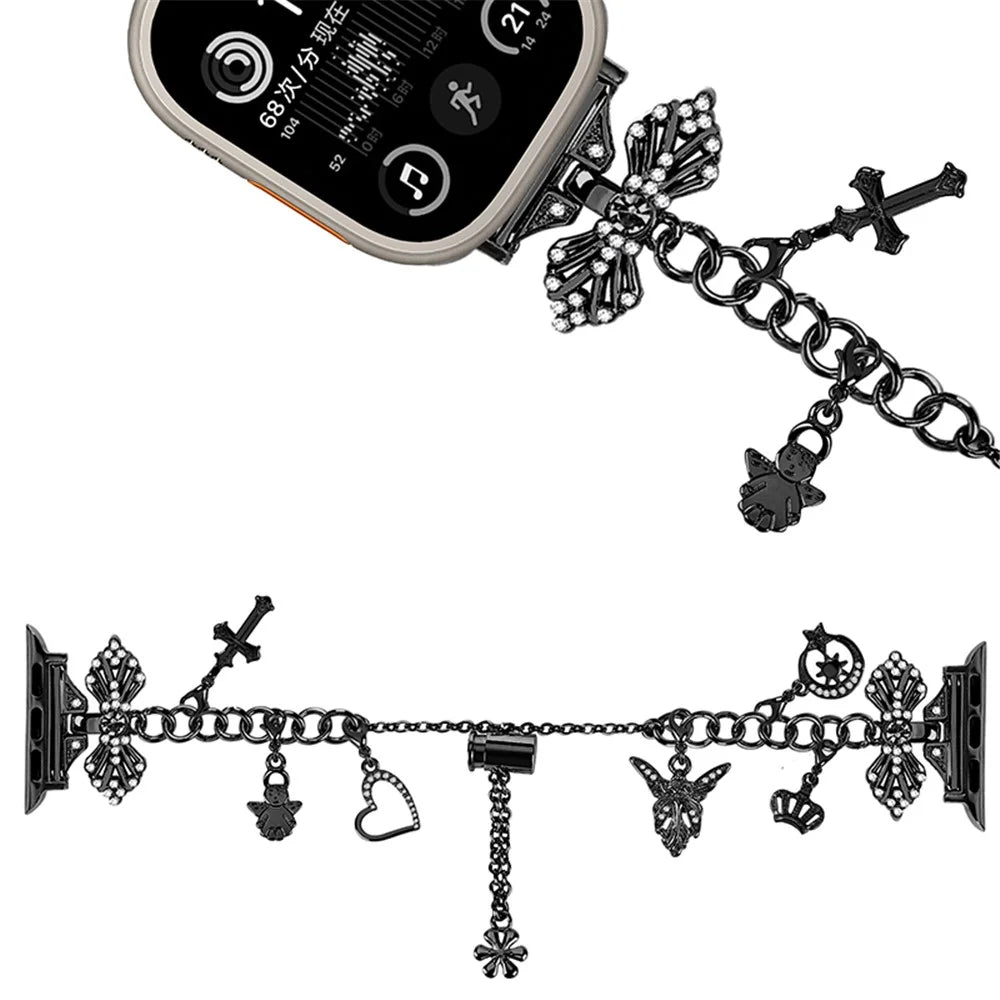 For Apple Watch Ultra 3 2 1 49mm / Series 11 10 46mm / 9 8 7 45mm / SE3 SE2 SE 6 5 4 44mm / 3 2 1 42mm Watch Band Multiple Pendant Design Bracelet Strap - Black - 3
