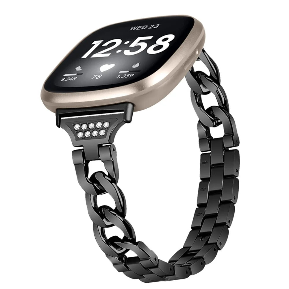 For Fitbit Versa 3 / Sense Universal Watch Strap Metal Watch Band Rhinestone Decorated Connector Watchband for Girls - Black - 3